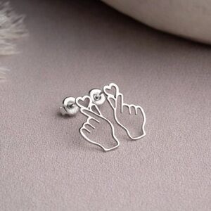 Korean Finger Heart Stud Earrings | Sterling Silver Minimalist K-Pop Jewelry